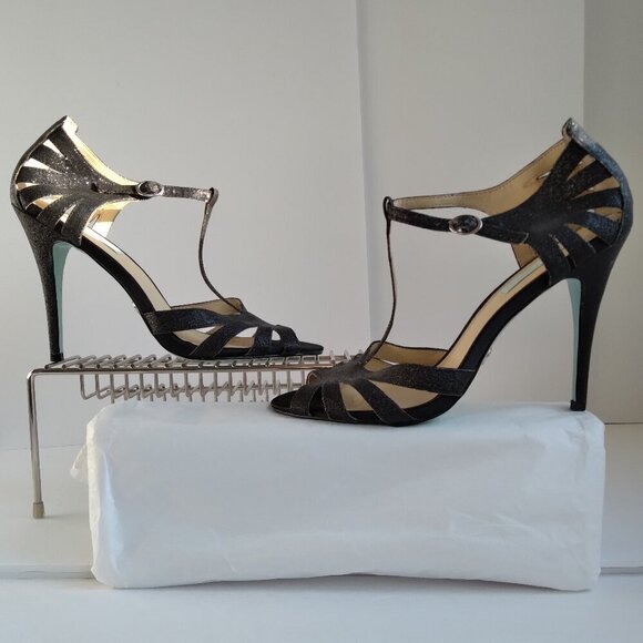 Black Suede Silver Glitter Peep Toe Cut Out Stiletto Heel TStrap Sandals Sz 9.5 - Picture 8 of 13